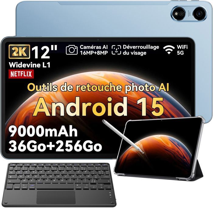 Oscal Pad 100 Tablette Tactile 12 Android 15 2.4G+5G Wifi RAM 36Go ROM 256Go/SD 2To 9000mAh 16+8MP Dual SIM Bleu Avec Clavier K1
