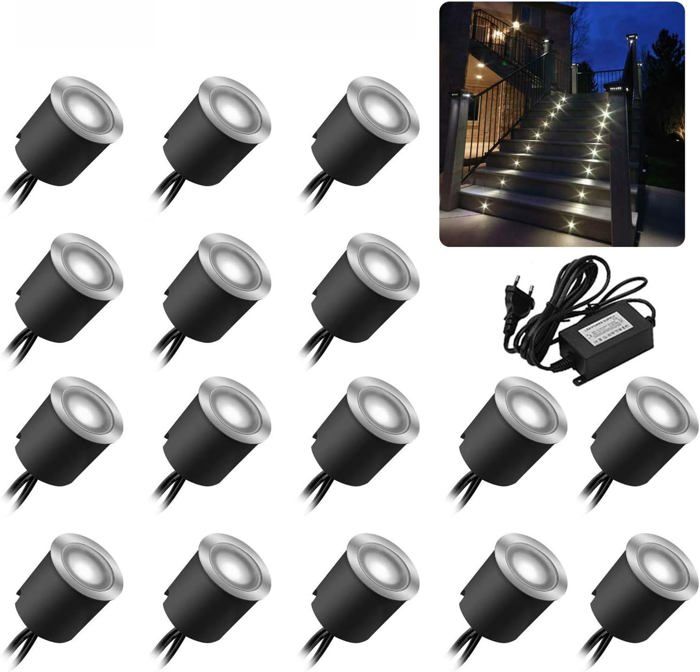 Lot de 16 spots LED encastrables au sol - Étanchéité IP67-0.6 W - Diamètre : 32 mm - 4000 K - Blanc - 12 V