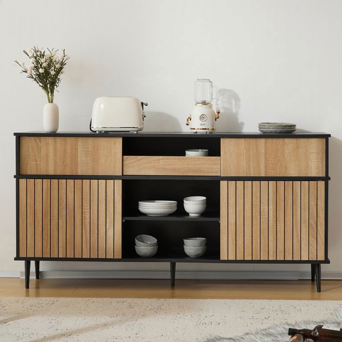 Buffet Moderne Meuble de Rangement Chêne et Noir avec 4 Portes Coulissantes et 1 Tiroir pour Cuisine Salle à Manger 160 x 40 x 80 Buffet Moderne Meuble de Rangement Chêne et Noir avec 4 Portes Coulissantes et 1 Tiroir pour Cuisine Salle à Manger 160 x 40 x 80