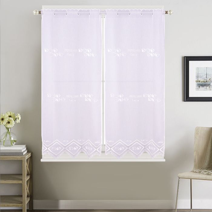 Paire de petits voilages de cuisine dentelle motif café latte Blanc 60x120 cm