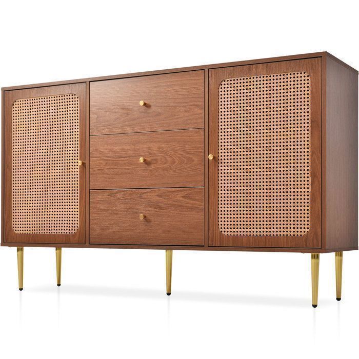 Buffet 2 portes et 3 tiroirs MDF laqué et cannage en rotin naturel - L 150 x P 40 x H 90 cm pied en métal Noyer