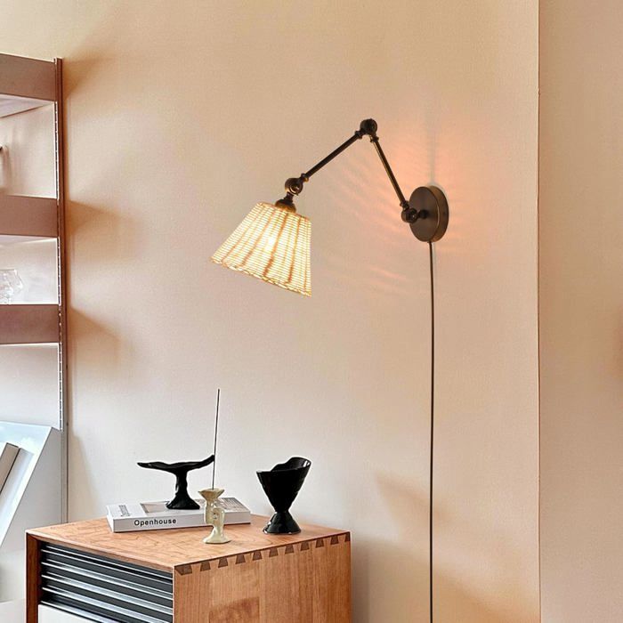 Lampe murale “Raul” bras extensible abat-jour rotin style rustique pliable bras oscillant long douille E27