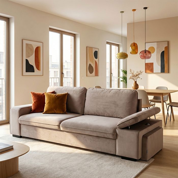 ALYA Canapé droit reversible convertible Beige TAUPE (velours simple) - Taille S - 3 places - 254 x 91 x 83