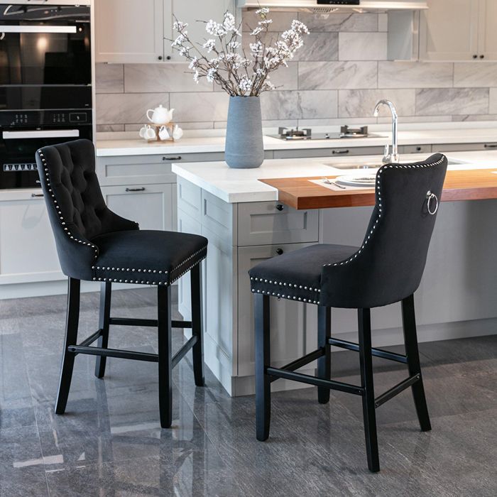 Tabouret bar Lot de 2 velours capitonné pieds bois garniture clous noir Tabouret bar Lot de 2 velours capitonné pieds bois garniture clous noir