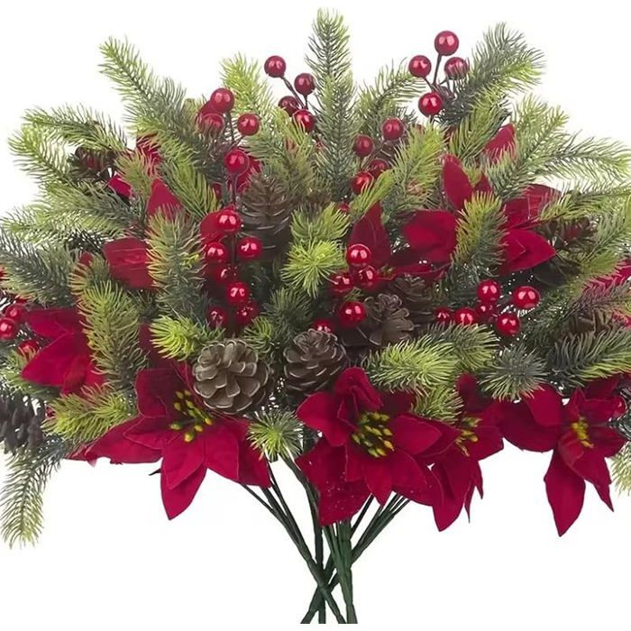 Lot De 6 Fleurs De Noël Artificielles Avec Baies Rouges Et Branches De Pin - Décoration Intérieure Et Extérieure Pour Les Fêtes