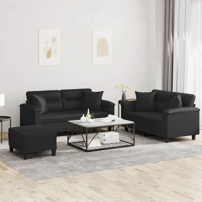 Ensemble de canapés en similicuir - vidaXL - 3 pièces - Noir - Similicuir - Coussins inclus - Repose-pied 70x55x41 cm