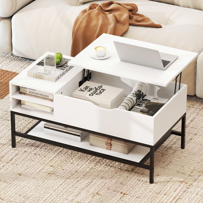 GOPLUS Table Basse Relevable avec Étagère de Rangement Amovible Compartiment Caché Étagère Inférieure 99 5x49 5x47 5cm Blanc