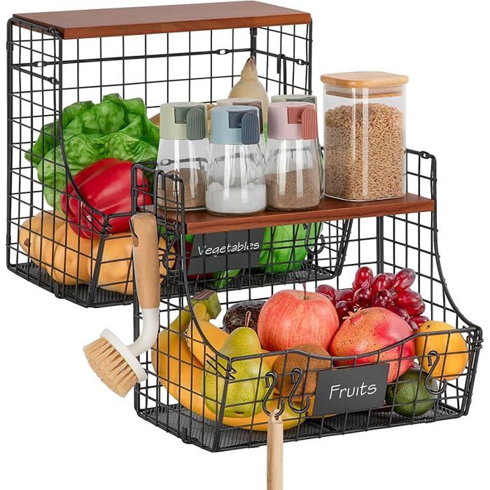 Panier Métal Noir Design Moderne Otauoaea 2 Pièces Corbeille A Uit,Panier A Uit Légume | WhichOne Rangement Fruits Et Légumes