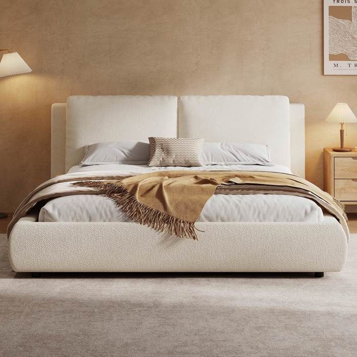 Lit Coffre - LEMONBEST - 180 x 200 cm - Tissu bouclé beige - Tête de lit rembourrée 12 cm - Sommier à lattes