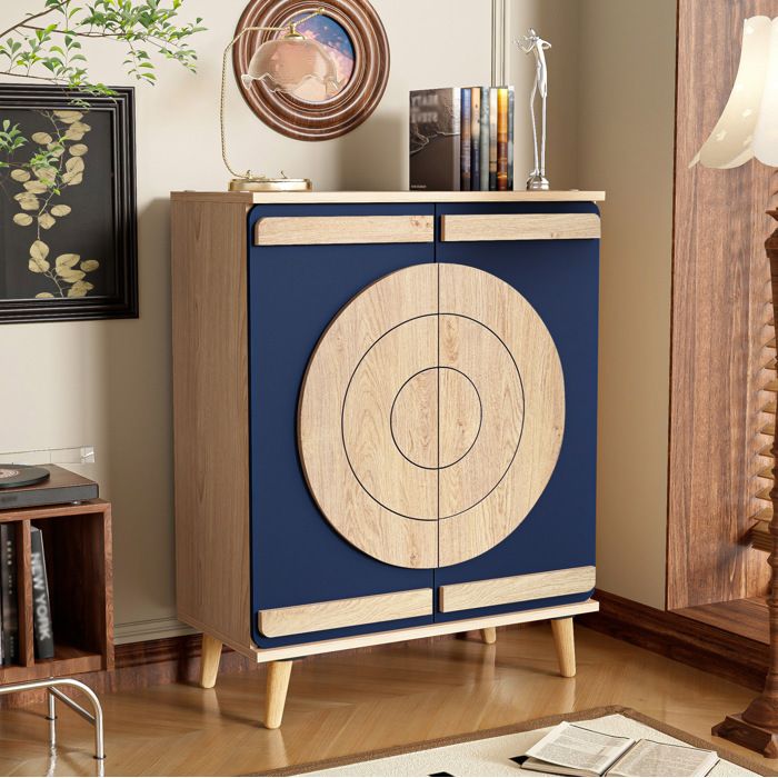 HOMVRA Meuble à chaussures 76x37x98.5 cm avec portes à motif ronde 4 étagères en panneaux de particules bleu couleur naturelle