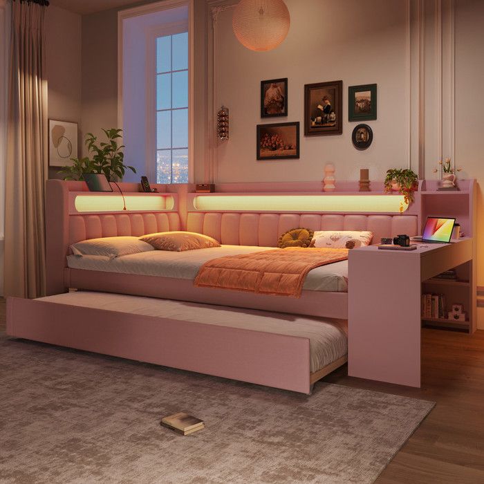 Canapé-lit rembourré avec port USB ceinture LED lit gigogne et bureau 140 x 200 cm lit multifonctionnel (sans Matelas) Rose Canapé-lit rembourré avec port USB ceinture LED lit gigogne et bureau 140 x 200 cm lit multifonctionnel (sans Matelas) Rose