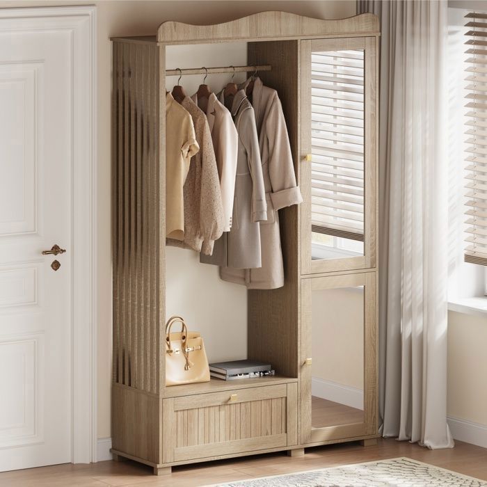 Armoire avec miroir équipée de tiroirs et dune penderie ouverte armoire en bois ouverte 1155×385×1945cm couleur chêne