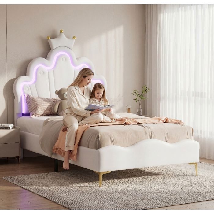 Lit Enfant Princesse 90x200 cm avec LED Tête de Lit