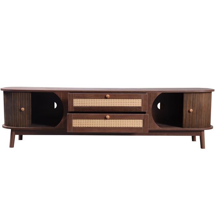 Meuble TV design Rustique avec Détails en Rotin et Rangements Fermés - Bois Naturel Massif - 170x39 5x46 cm - Marron