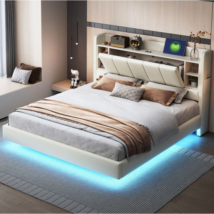 Lit double rembourré beige 160 x 200 cm avec LED USB et rangements