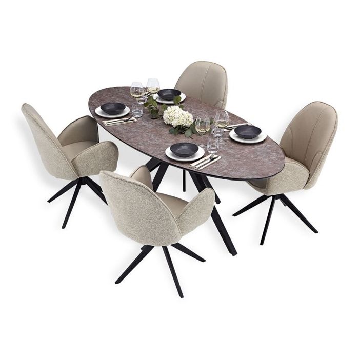 Table salle à manger ovale marron noir 4 chaises beige