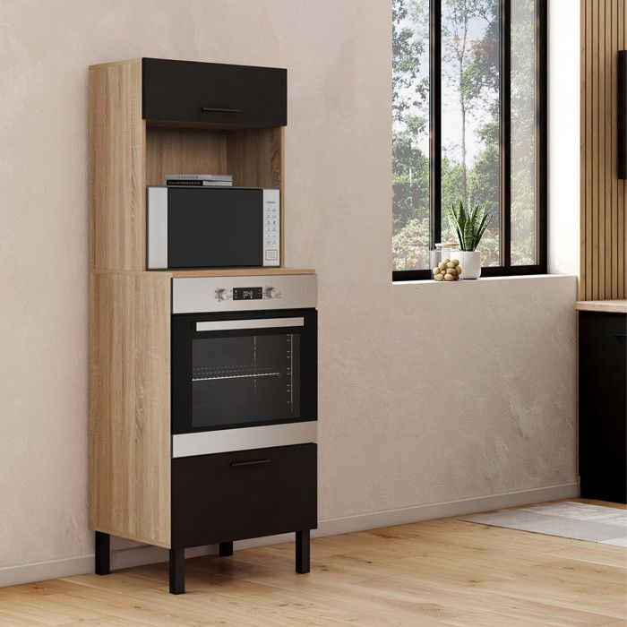 IDMARKET Armoire colonne de cuisine four/micro-ondes 60 cm CINA 2 portes noir et façon hêtre