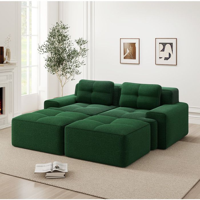 Canapé modulaire en velours côtelé vert assise profonde et sans montage