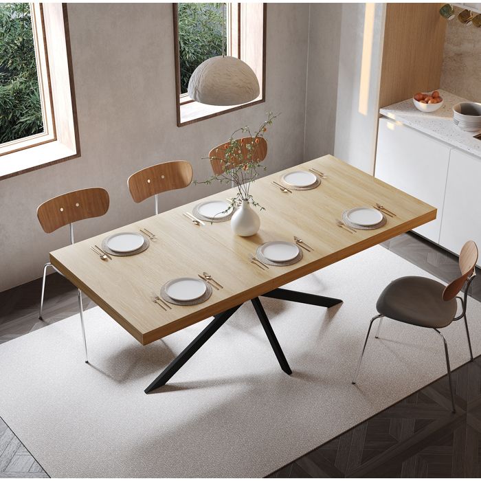 Table à manger extensible 140-180CM en bois naturel avec plateau central embossé couleur assortie 4-6 places