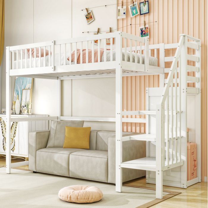 Lit mezzanine enfant 90x200 cm avec escalier et rangement intégré - Blanc - Bois