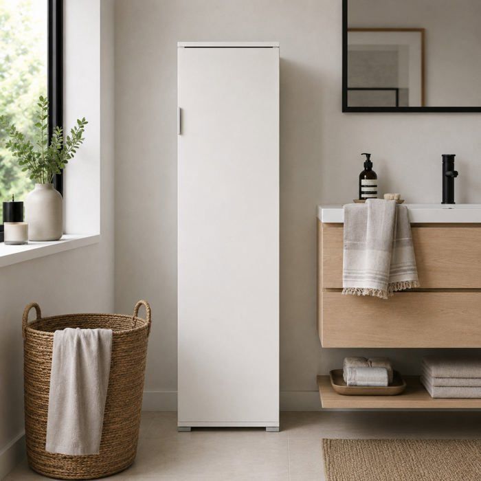 Armoire à Balais Blanche 40x33x151 cm Livré Monté  Meuble Multiusage Étagères Réglables et Amovibles  Buanderie Cuisine