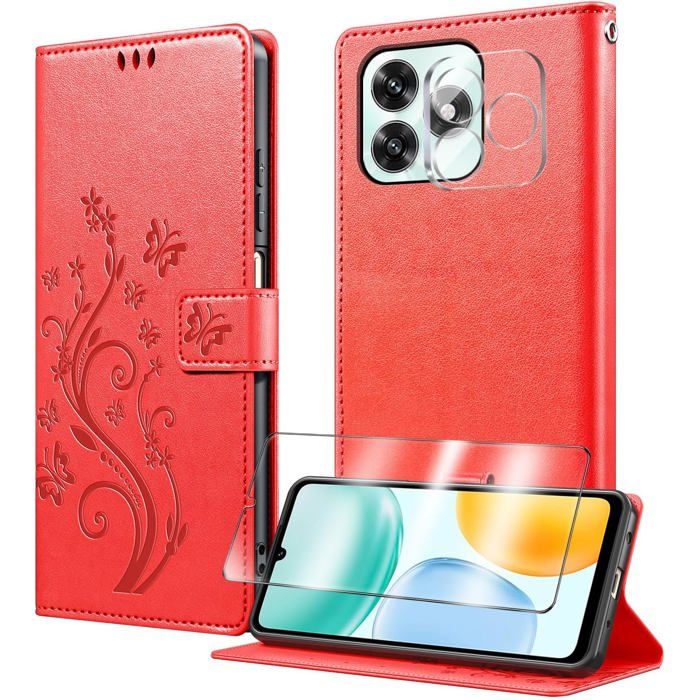 Coque pour Honor X5c/X5c Plus avec 1 Verre Trempé1 Protection CameraÉtuis Rabat [Housse en Cuir PU][Fentes pour Cartes]- Rouge