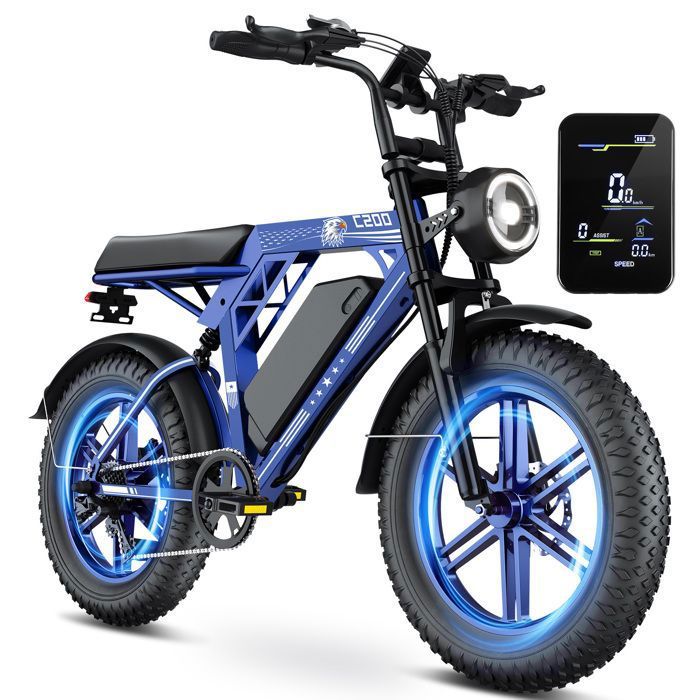 HIQIS Vélo Électrique 1000W-Lithium Amovible 48V 175AH-Fat bike 20-50KM/h-Shimano 7 vitesses-150kg-Vtt électrique adulte-Bleu C200