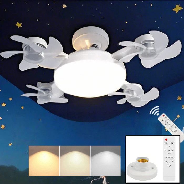 LED Ventilateur Plafond avec Lumiere 4 Fan têtes Lampe Ventilateur Plafonnier et Télécommande Socle 3 Vitesses 3 Couleurs Blanc