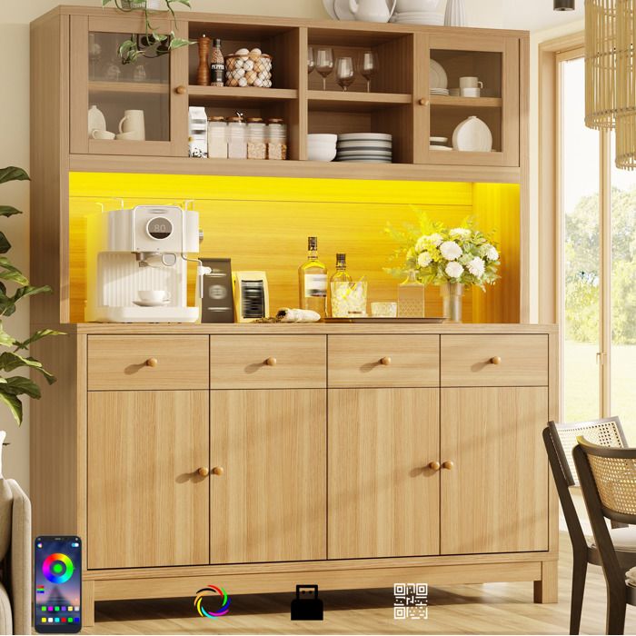 Haut buffet de cuisine 140 x 385 x 180 cm avec LED RGB portes vitrees 4 tiroirs MDF decor bois naturel
