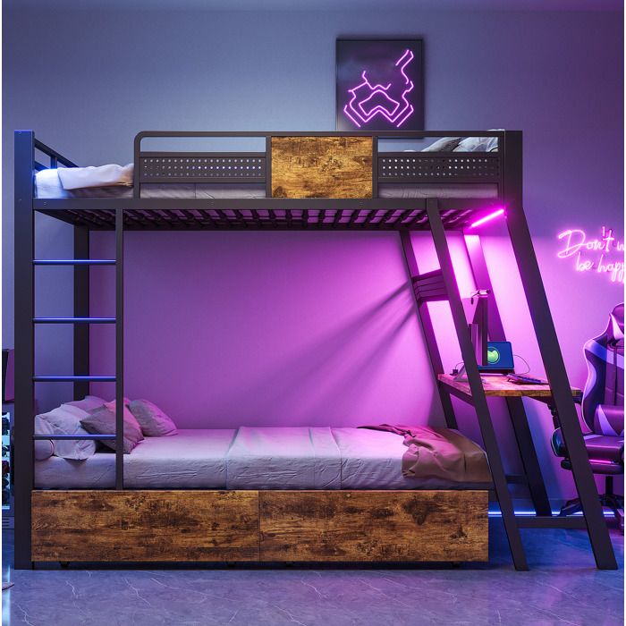 Lit Superpose 90x200 En Metal Noir Lit Bureau FloraGrace Pour Chambre Ado Prises USB Et LED 236x955x170cm