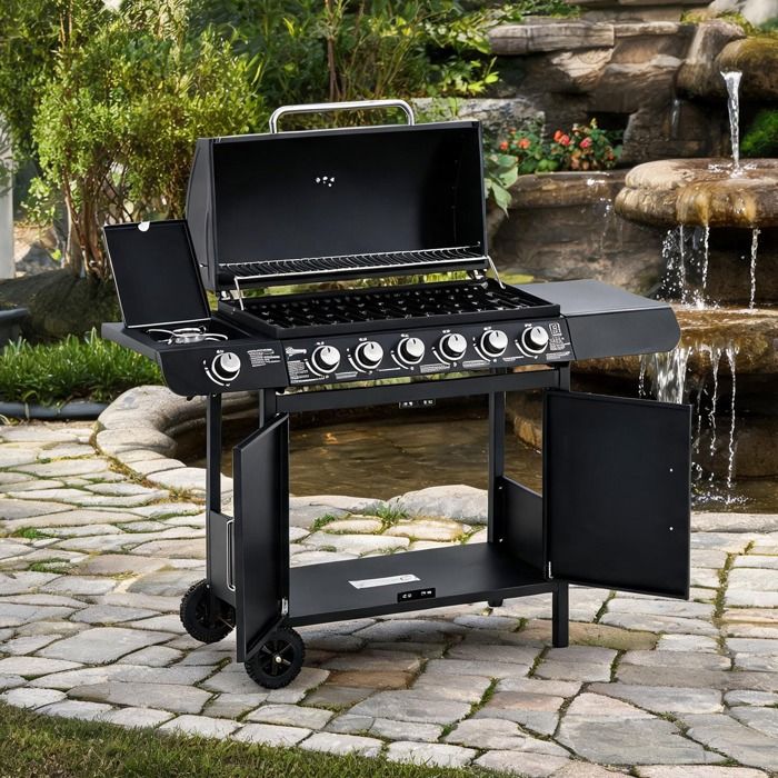 Barbecue à gaz 7 brûleurs noir mat chariot mobile avec thermomètre plancha latérale et rangement repas extérieur XL