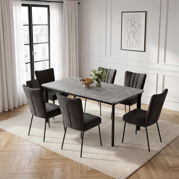 JIEXI Ensemble table de salle à manger extensible et 6 chaises grises rembourrées velours noir meubles repas salon bureau