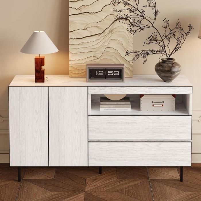 Buffet - KOMHTOM - 140x42x77 cm - 2 portes 2 tiroirs - étagères ouvertes - Blanc Buffet - KOMHTOM - 140x42x77 cm - 2 portes 2 tiroirs - étagères ouvertes - Blanc