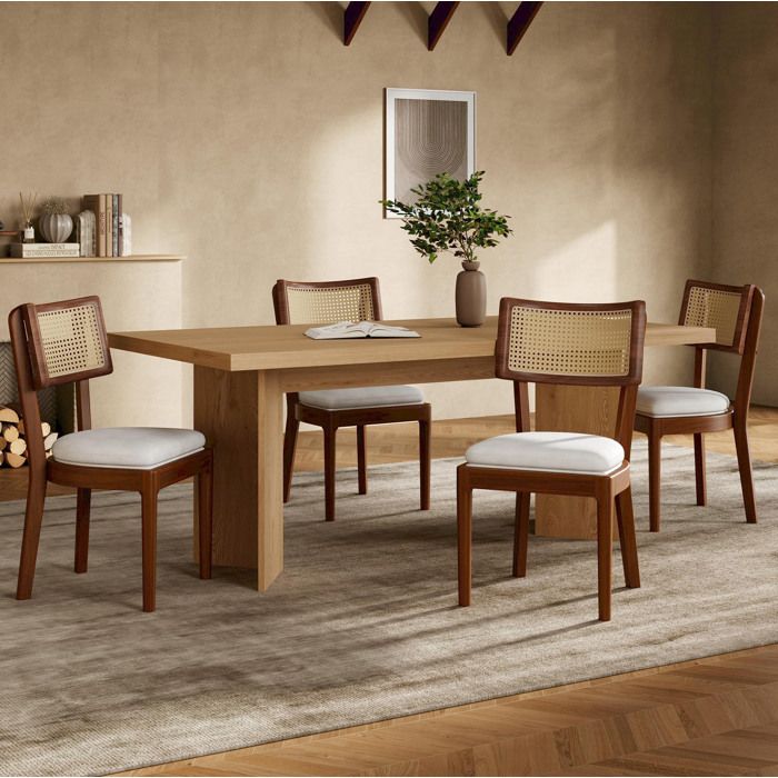 Chaise de Salle a Manger Lot de 4 avec Dossier en Rotin Tresse - MODENVIE - Bois Massif et Lin Noyer et Beige
