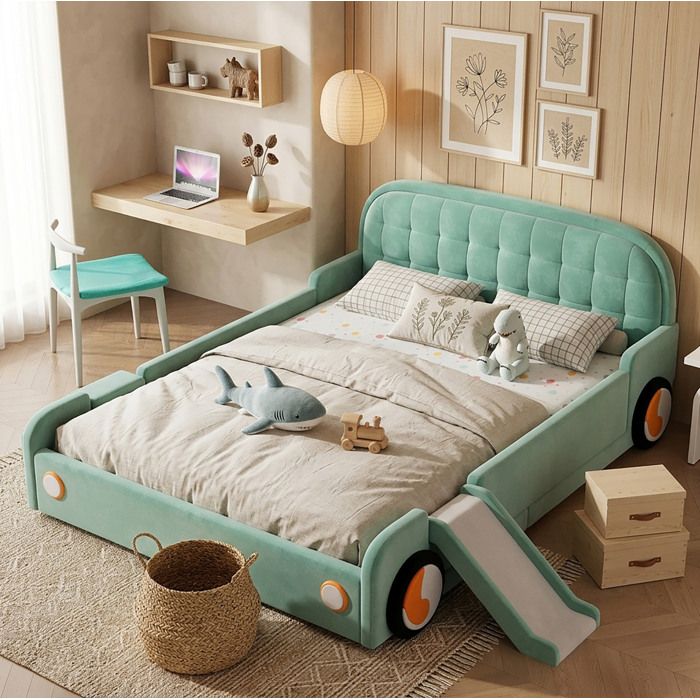 VUENOR Lit enfant 140x200 cm bleu-vert – lit voiture avec toboggan sans matelas
