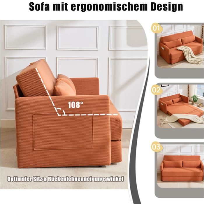 WUVRIE Canape convertible 2 places 2 en 1 en tissu cotele orange avec 2 coussins lombaires et poches laterales