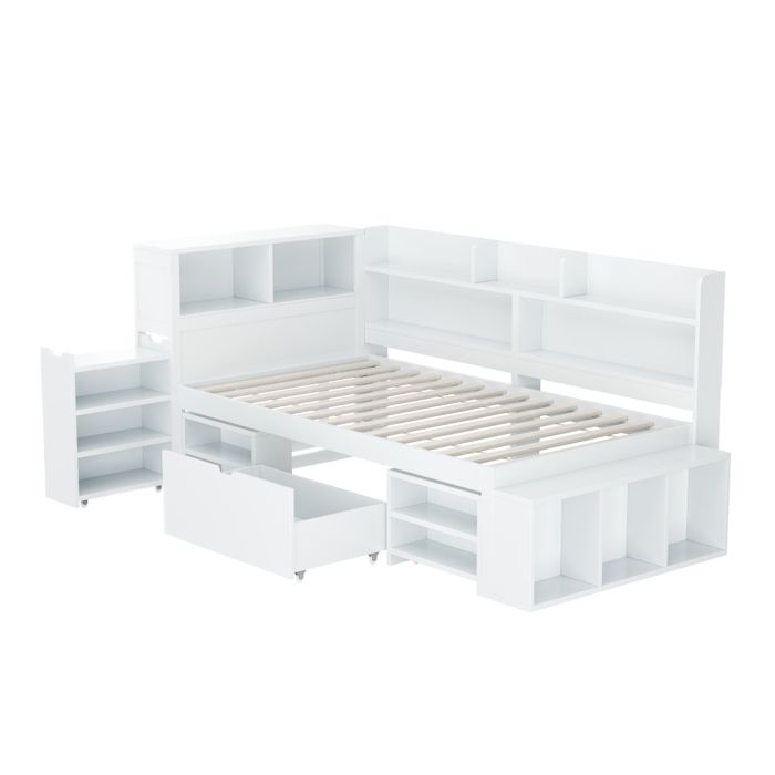 Lit enfant 90x200 cm blanc avec tiroirs bibliothèque armoire de rangement et sommier à lattes sans matelas