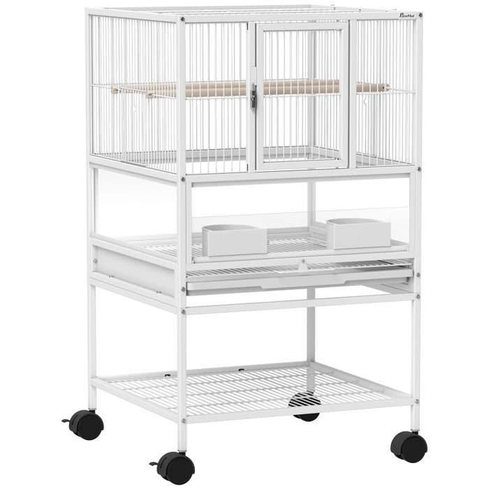 YWJ Cage pour oiseaux avec panneaux acryliques mangeoires support à roulettes et étagère inférieure 48x46x83 cm blanc