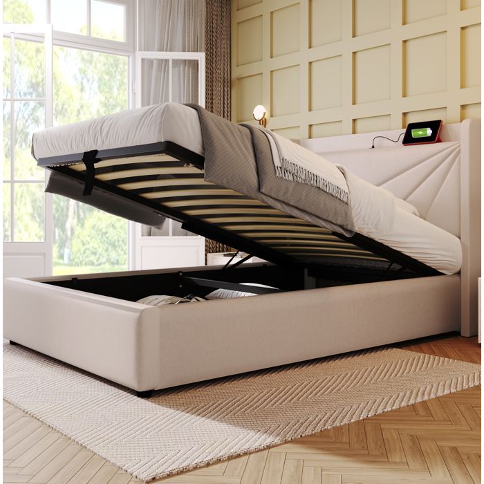 Lit coffre 1 place AESVAR 90x200 cm avec matelas tête de lit USB Type-C beige coton lin