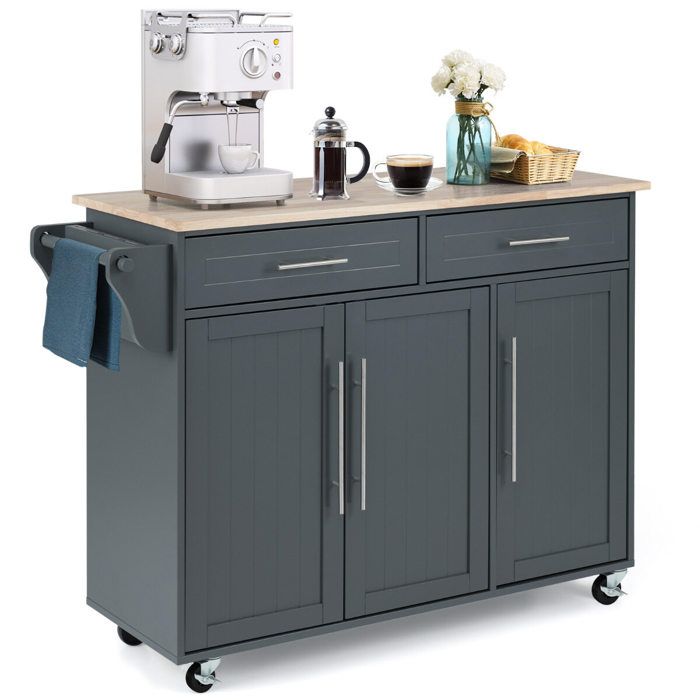 111 x 46 x 93 cm desserte de cuisine grise avec 2 tiroirs 3 placards et roulettes pour cuisine et salle à manger