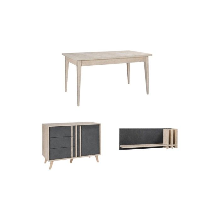 Salle à manger complète MALMO avec table 160 cm buffet haut et étagère murale – Chêne clair et gris Salle à manger complète MALMO avec table 160 cm buffet haut et étagère murale – Chêne clair et gris
