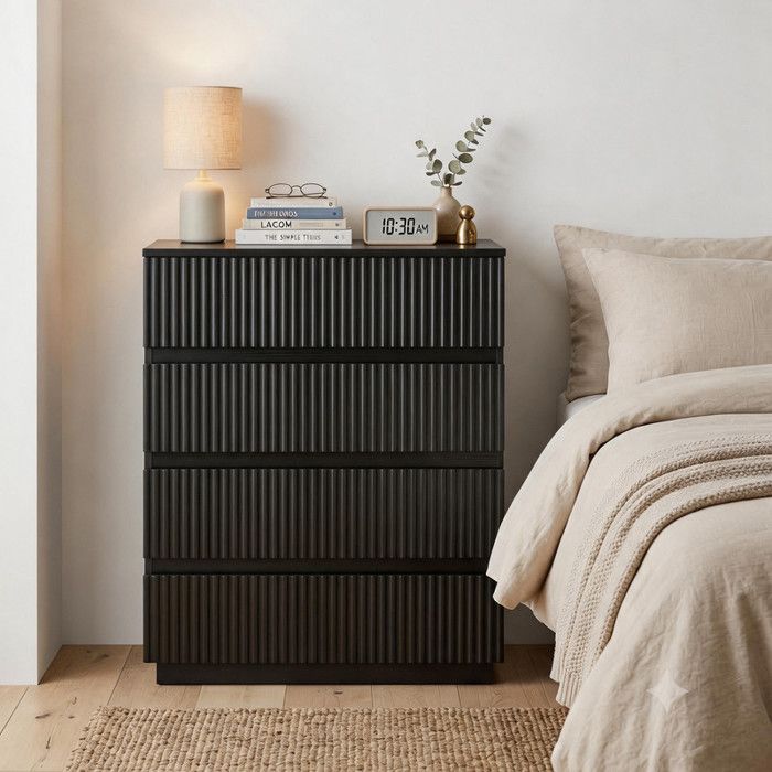Commode avec 4 Tiroirs - ALIGHTUP - Design cannelés Rangement Meuble Chambre Noir 60 x 38 x 78 cm Commode avec 4 Tiroirs - ALIGHTUP - Design cannelés Rangement Meuble Chambre Noir 60 x 38 x 78 cm
