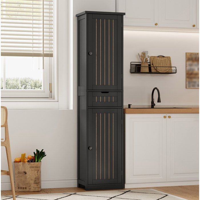 Meuble rangement colonne de cuisine 40 x 30 x 170 cm 2 portes 1 tiroir 4 étagères réglables MDF noir FOLYNA
