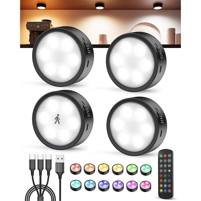 Lampe Pcard avec Detecteur de Mouvement Spot LED Rechargeable 2400mAh Télécommande Magnétique Couleurs 4 Noir ECLAIRAGE DE MEUBLE