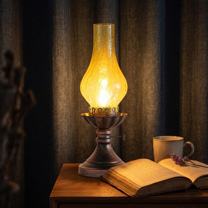 ElektraH Lot de 2 Lampe de Table Vintage E27 Retro Lampe de chevet au Kérosène Electric Crackle Glas 40W Ambre