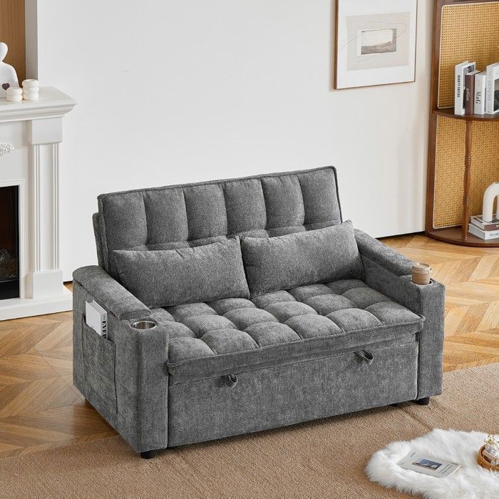 Canapé-lit 3-en-1 EVRYAE 142 cm gris convertible avec rangements et 2 porte-gobelets