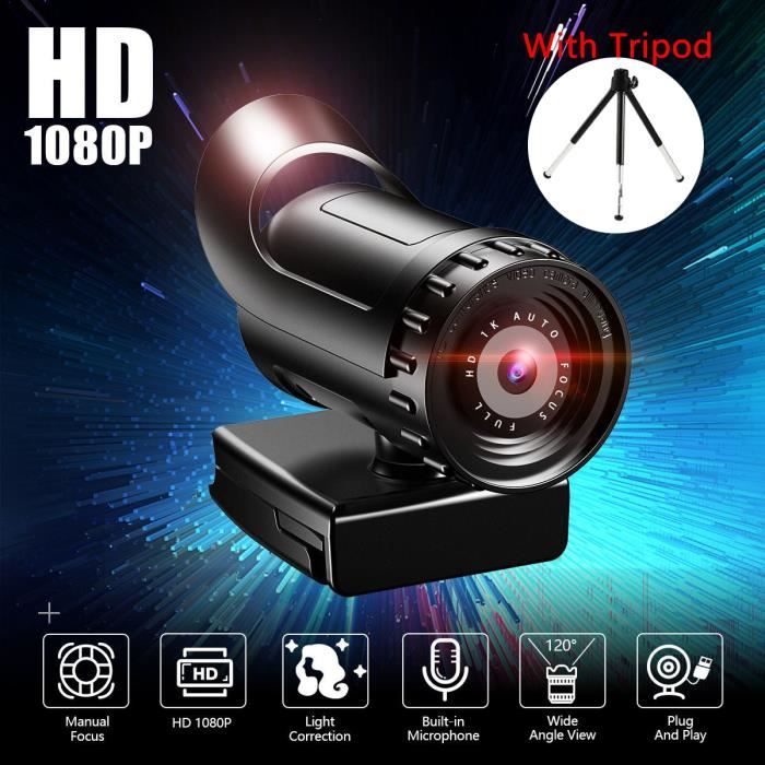 Webcam Full HD 1080P Avec Privacy Shutter, Micro Intégré, Autofocus Et Trépied - Plug & Play Windows Mac Linux