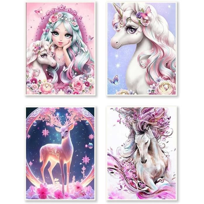 Kit Diamond Painting 4 Toiles 30x40cm - Animaux Fantastiques, Princesse, Cerf & Cheval - Loisir Créatif DIY Complet Avec Outils