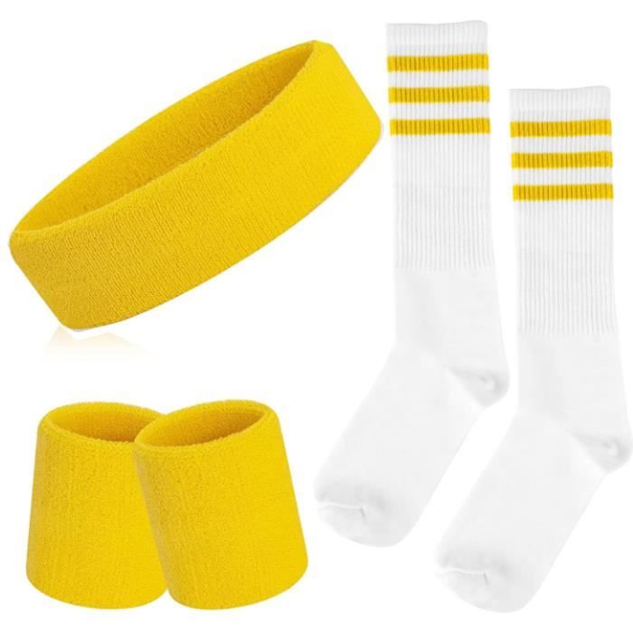 Lot de 3bandeaux éponge rayés avec1paire de chaussettes bandeau de sport bandeau de fitness bracelets en éponge Jaune/01