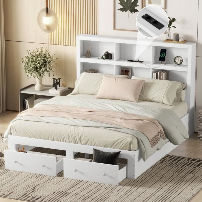 lit double 160*200cm, bois massif, lit plateforme king - size avec deux tiroirs au pied du lit, blanc